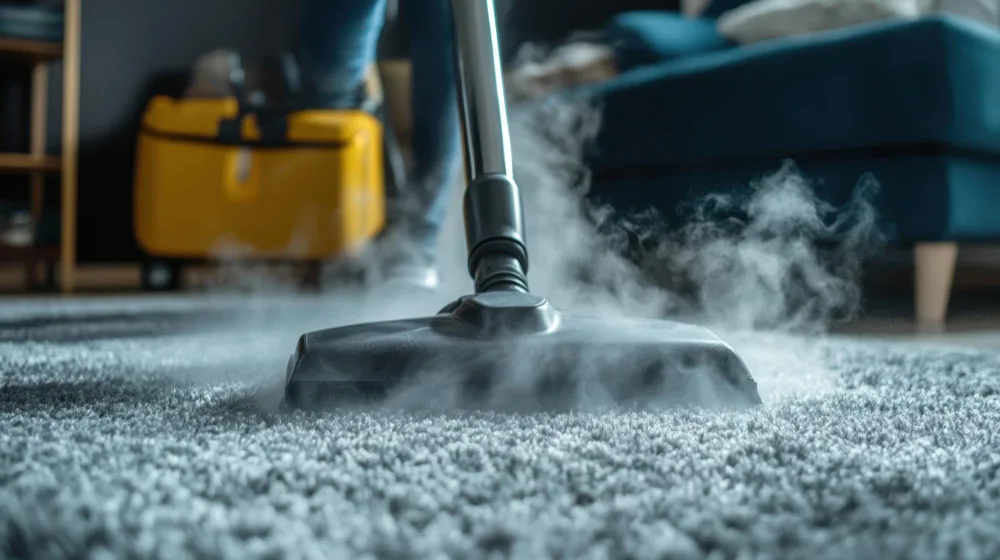 Professioneller Dampfreiniger im Einsatz auf einem Teppich