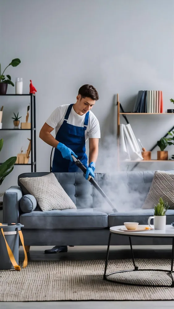 Reinigungskraft dampfreinigt bei einer Grundreinigung ein Sofa