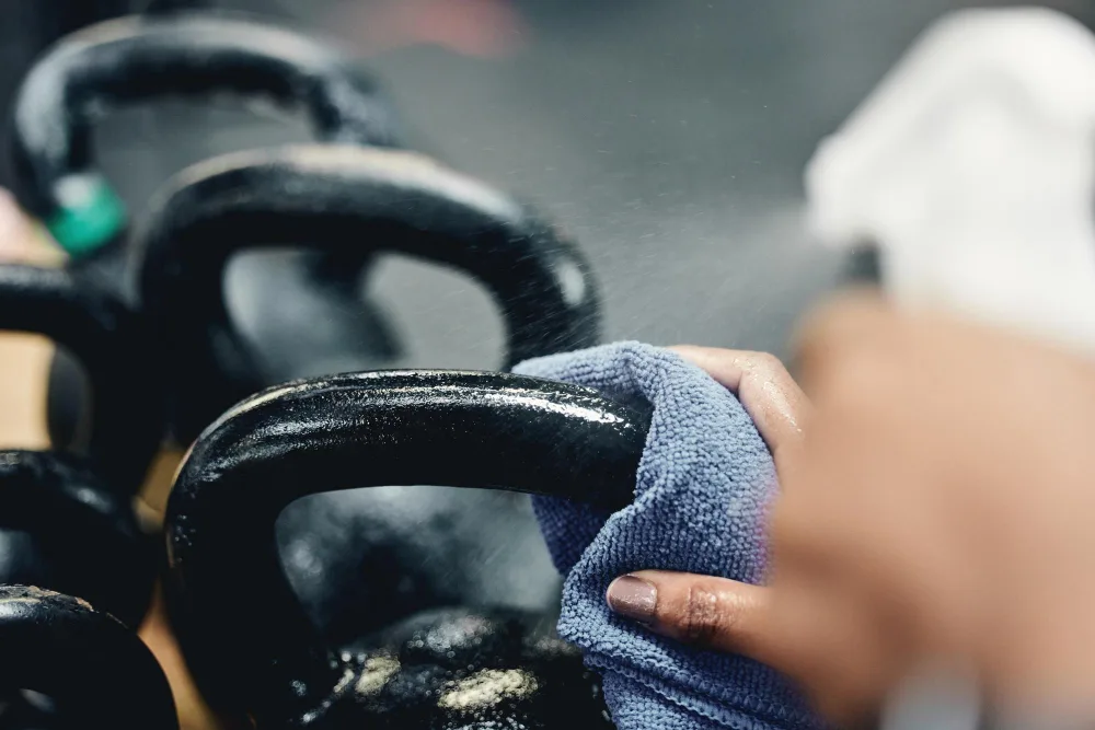 Kettlebells werden abgewischt