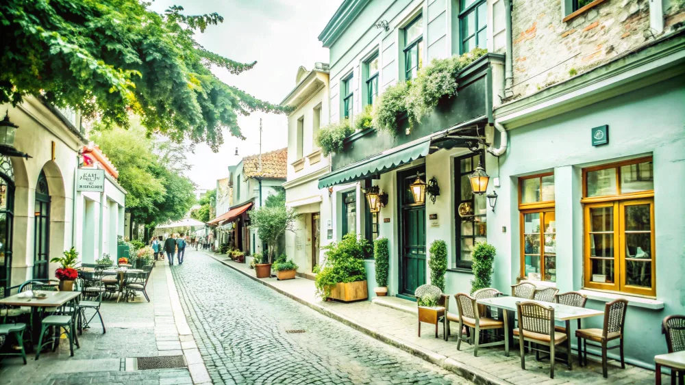 Green café terrace on a cobbled lane