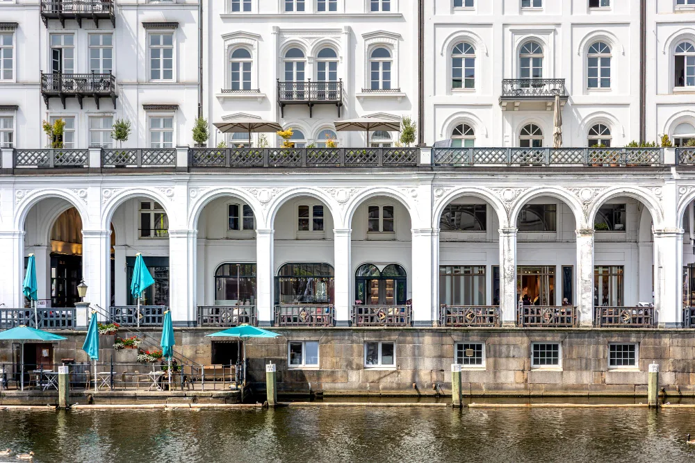 White arcaded building on the waterfront