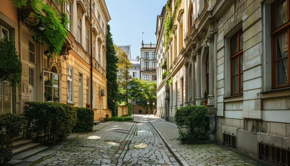 Sunlit cobbled alley between historic buildings