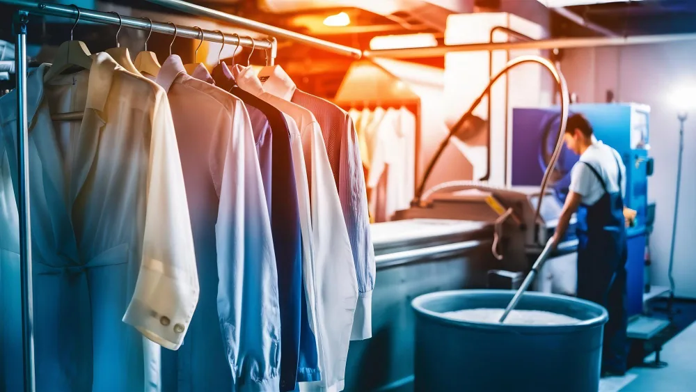 Garments hanging on a rail at a professional laundry facility