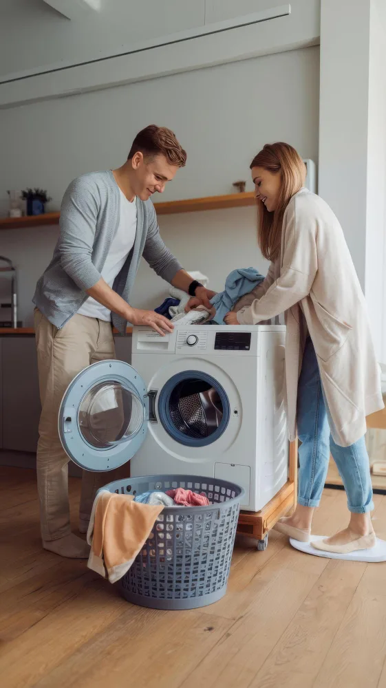 Two people loading a washing machine at home