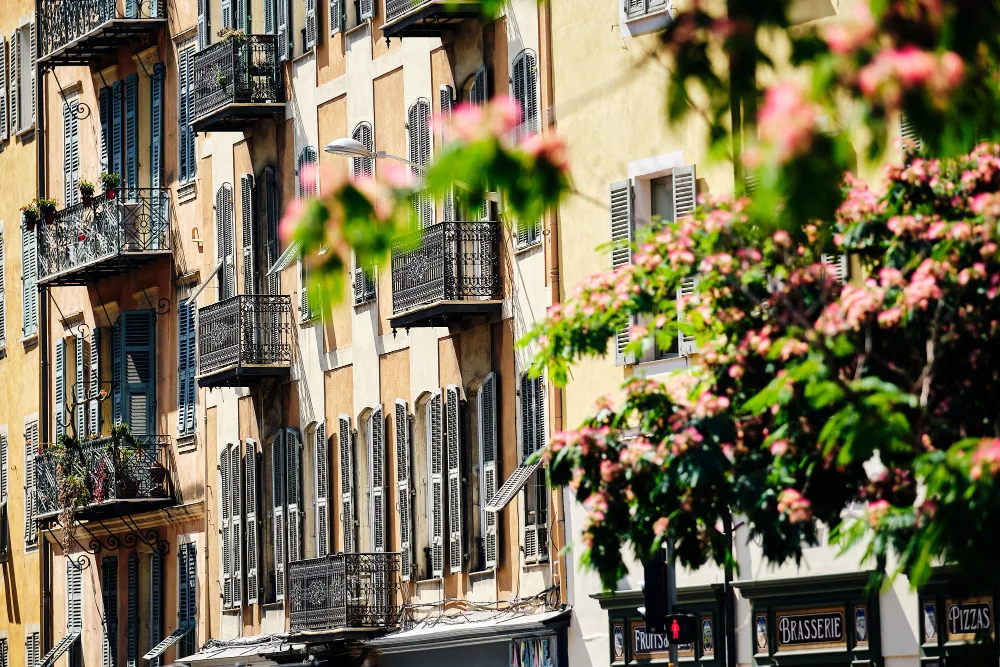 Balconies with flowering trees