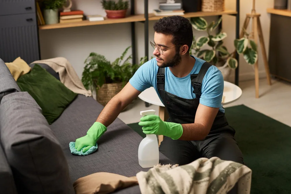 Reinigungskraft wischt ein Sofa im Wohnzimmer ab