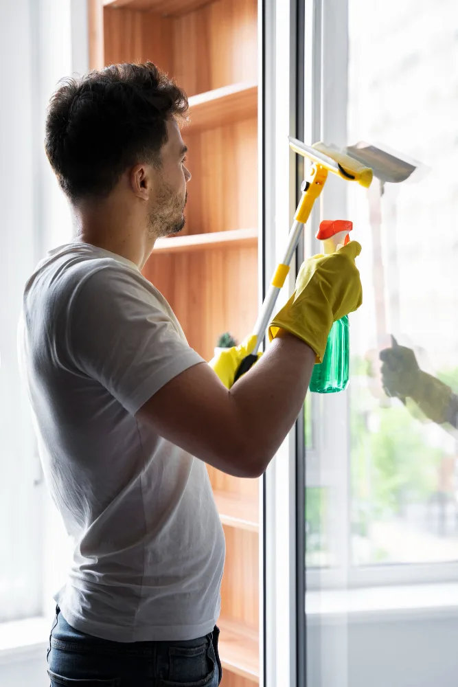 Reinigungskraft nutzt einen Abzieher am Fenster